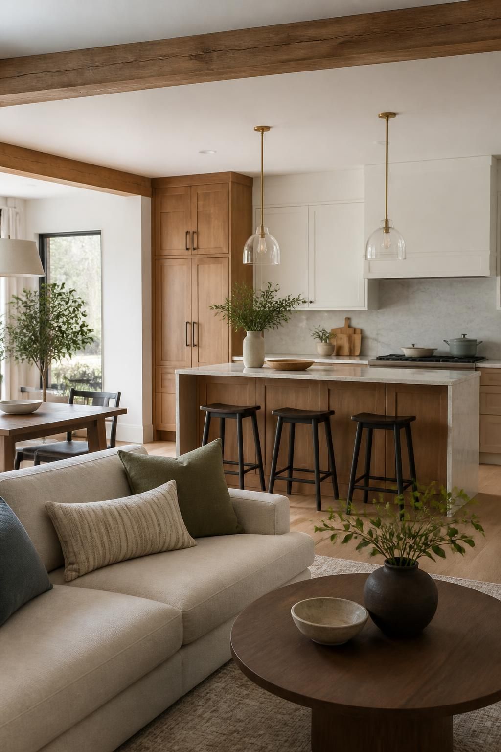 Finished modern kitchen and living space with warm natural light.