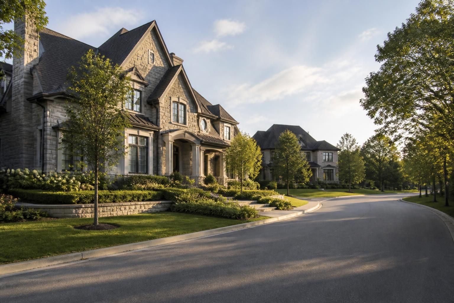 Estate-style home with manicured landscaping in a serene neighborhood.