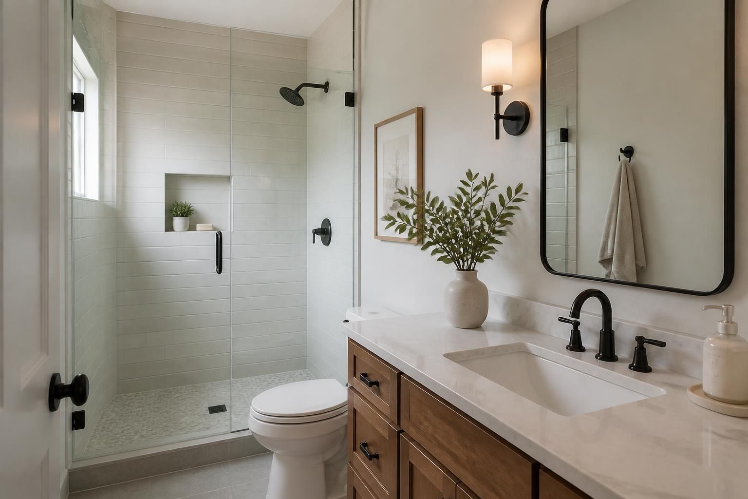 Finished bathroom remodel with tiled shower and modern vanity.