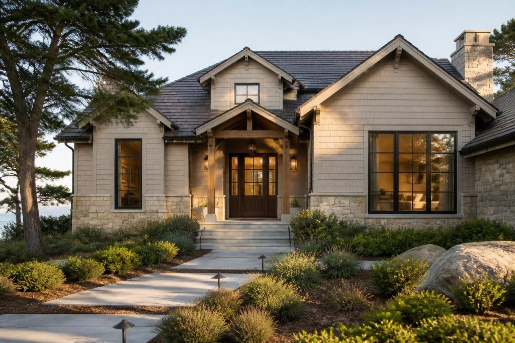 Newly completed modern home exterior with clean architectural details.