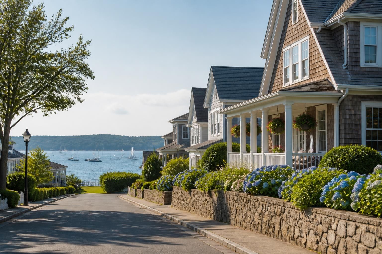 Tidy coastal homes on a calm residential street.