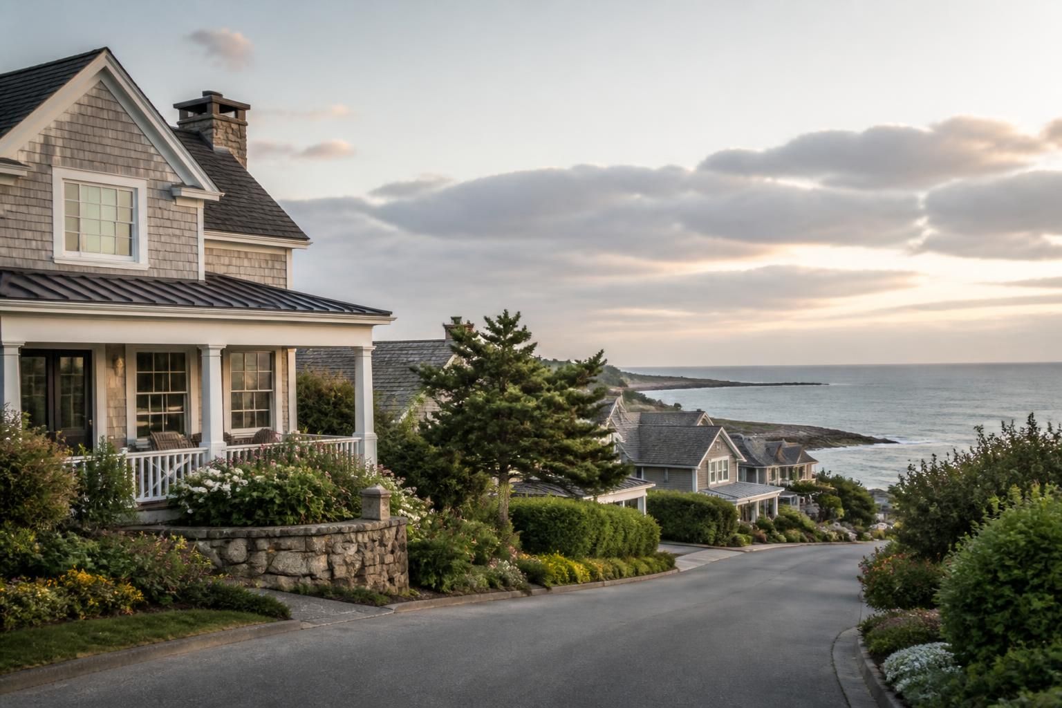 Coastal homes with soft ocean atmosphere and open sky.