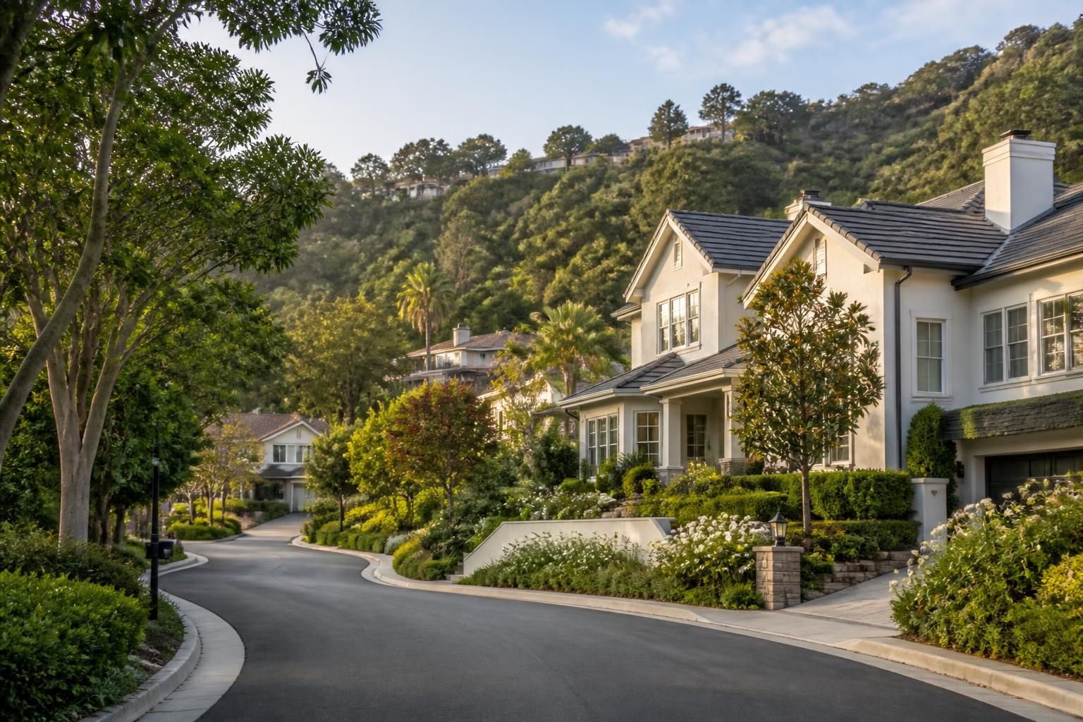 Graceful hillside homes surrounded by mature greenery.