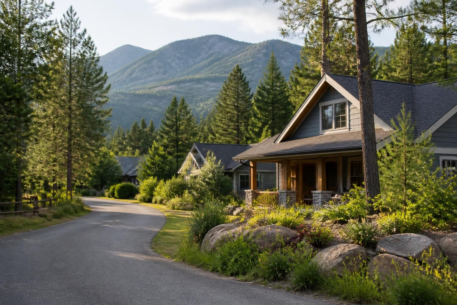 Homes set among tall trees in a peaceful rural setting.