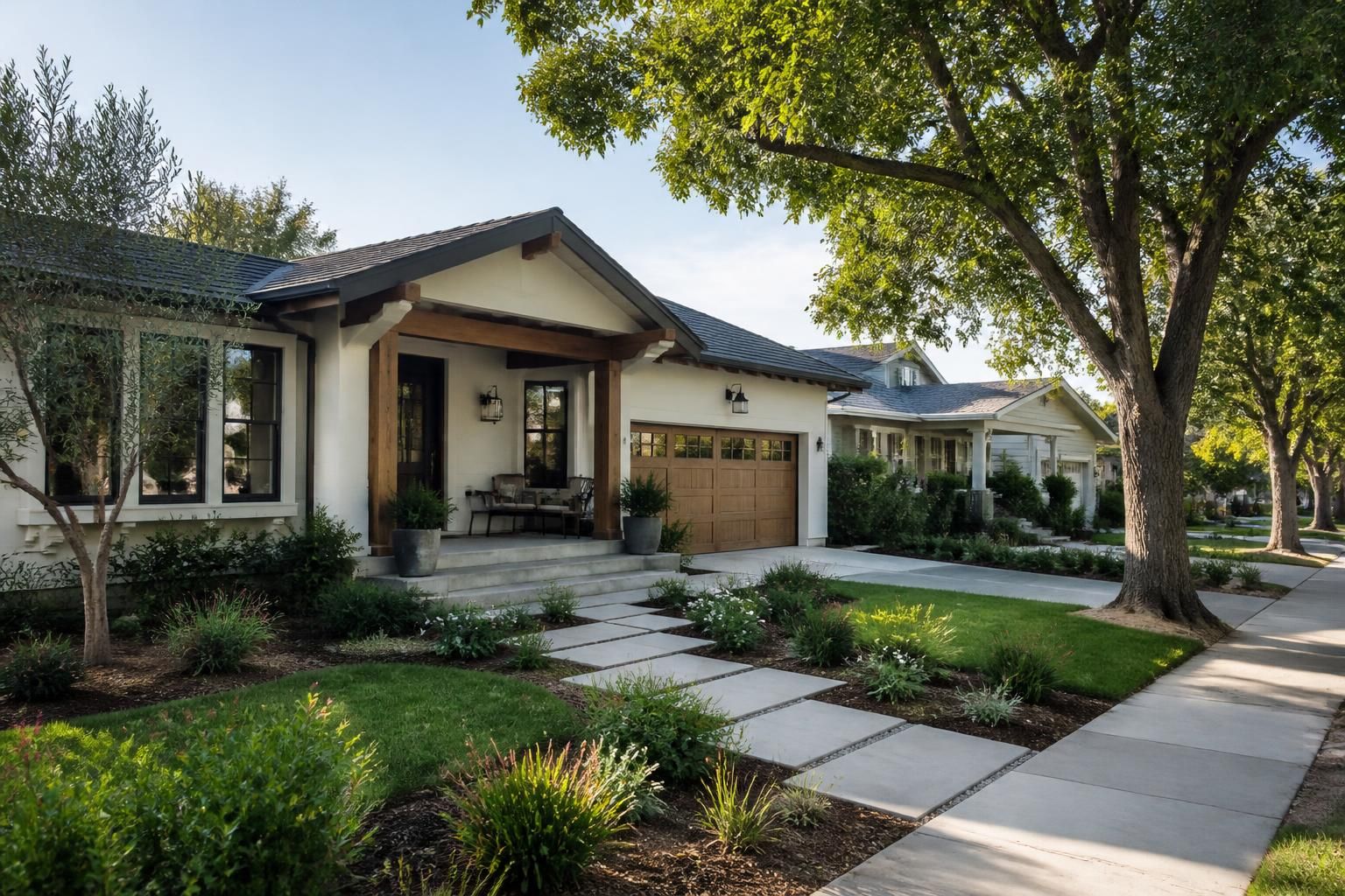 Modern California homes on a bright tree-lined neighborhood street.