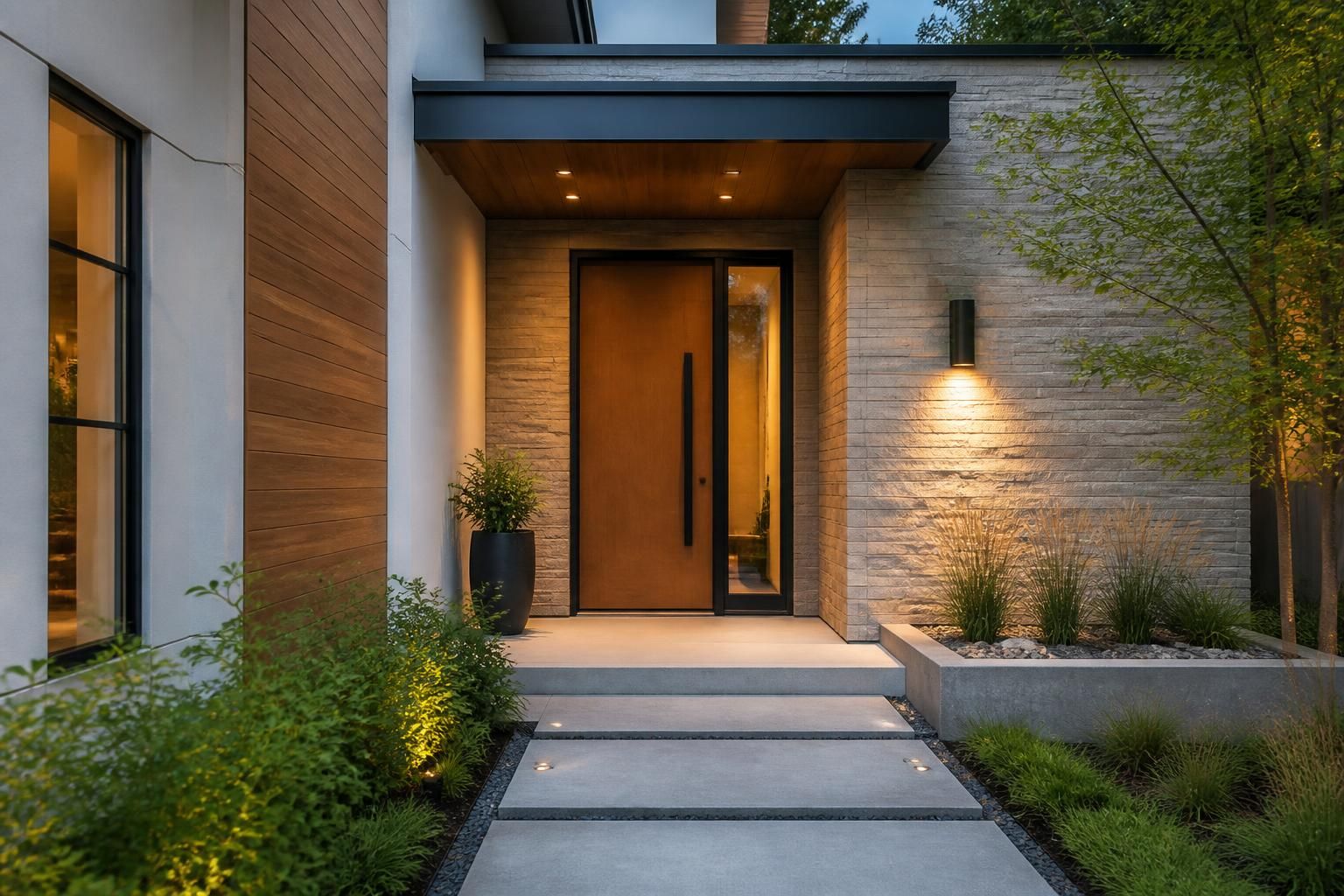 Newly completed modern home exterior with refined architectural details.