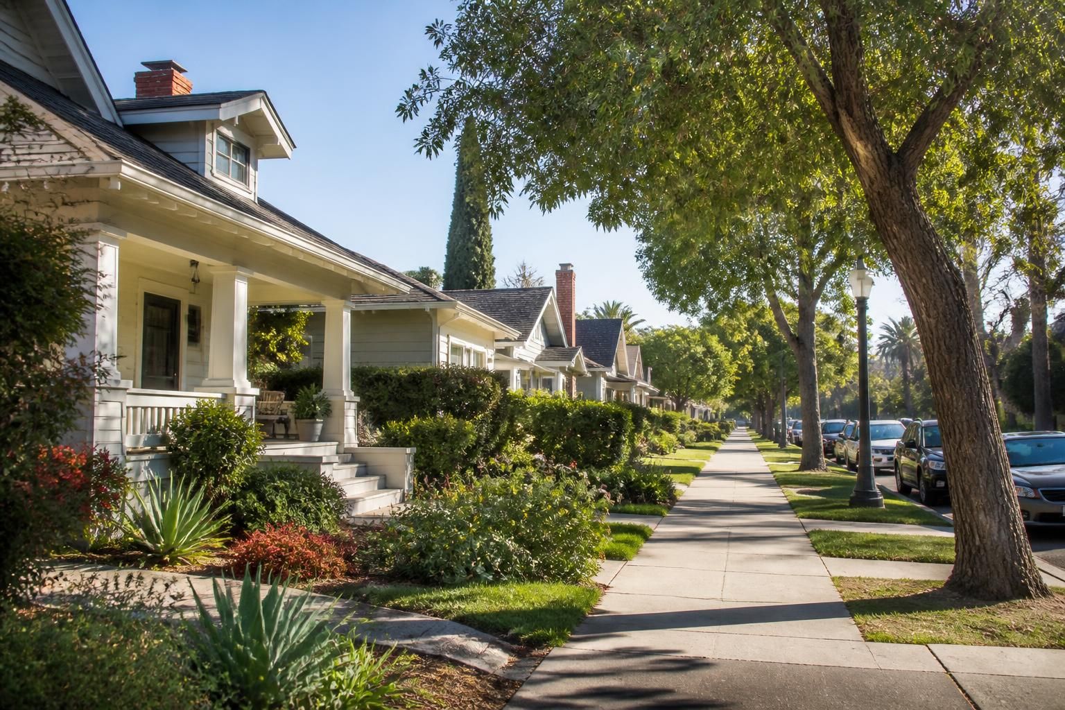 Classic California homes along a sunny residential street.