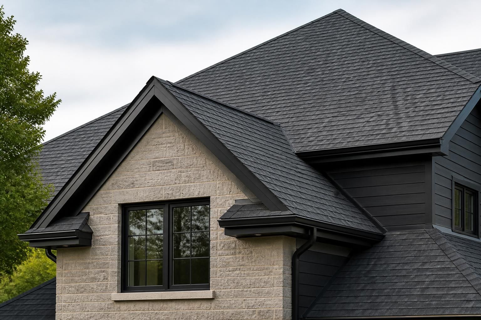 Finished residential roofline with clean shingles and sharp edges.