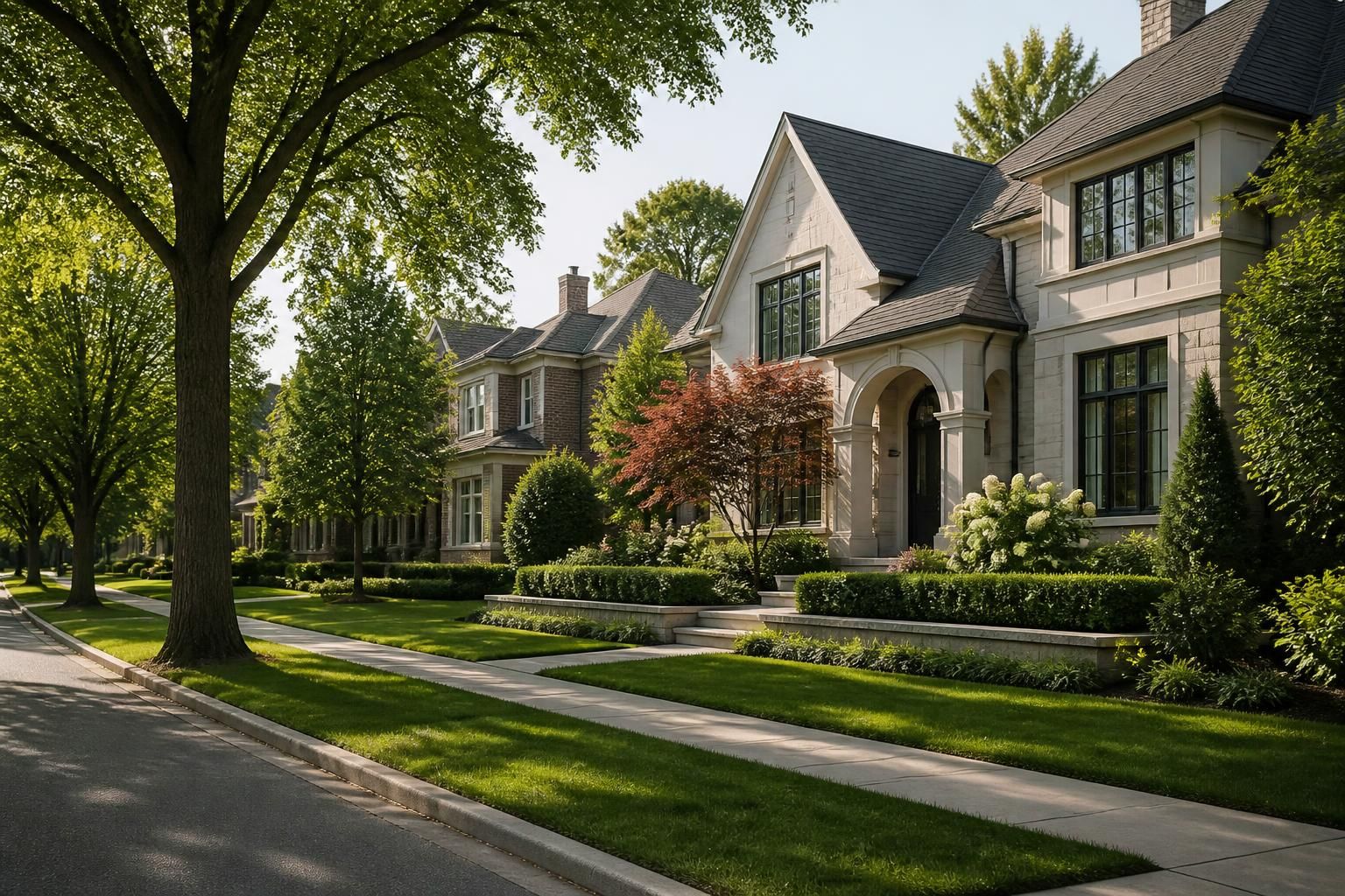 Tree-lined residential street with elegant homes in a quiet neighborhood.
